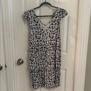 Sleeveless White Dress with Blue Floral Print